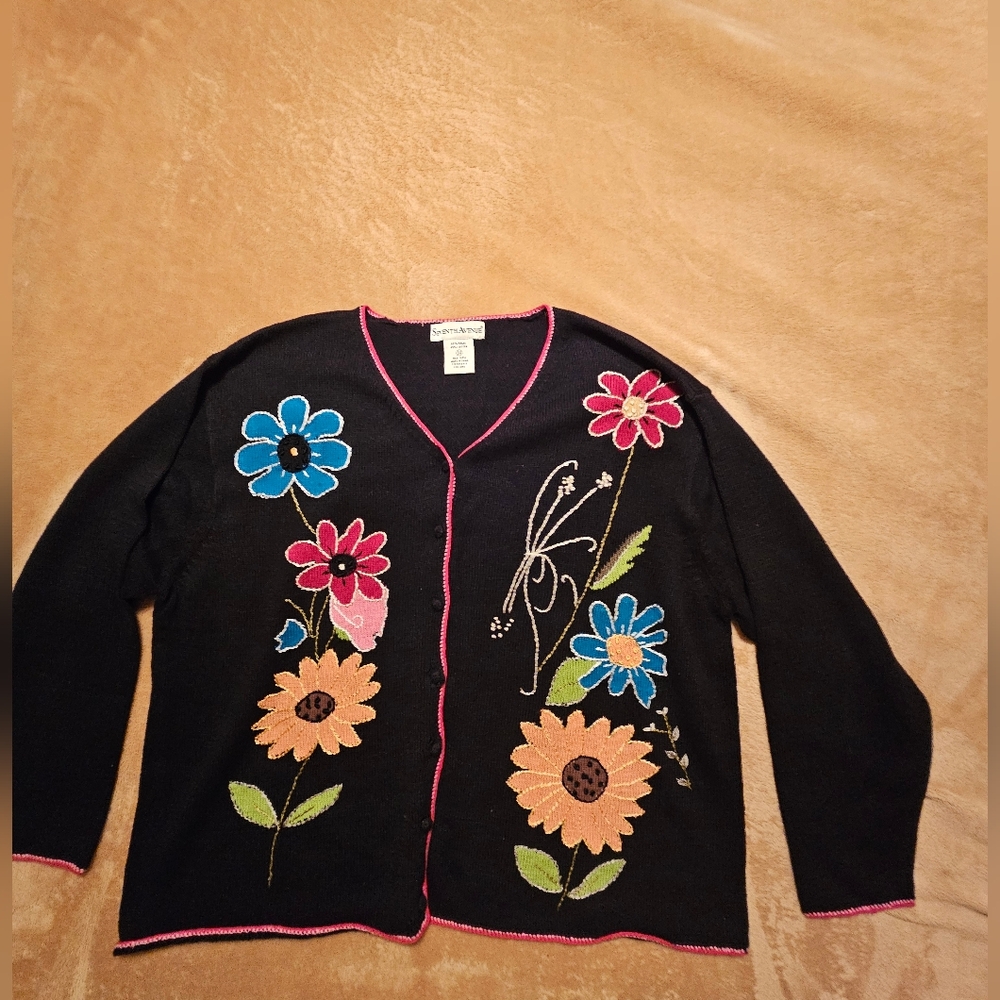 Seventh Avenue Vintage Floral Embroidered Black Cardigan - Size 3X
